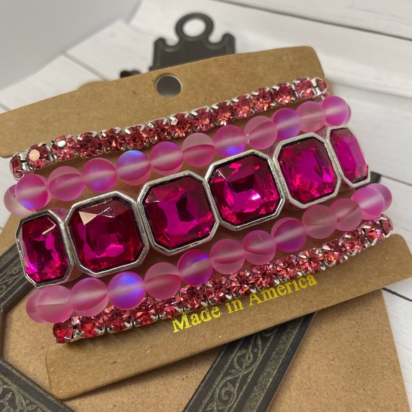 Set of 5 stackable bracelets in high style hot pink crystal. - Picture 6 of 10
